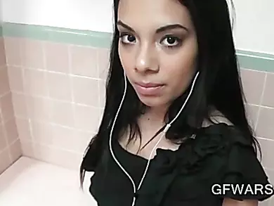 Sweet girl stripped and cunt fingered in a public bathroom