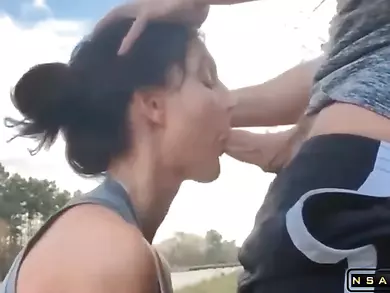 French milf outdoor blowjob cum in mouth